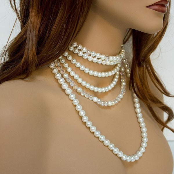Pearl Crystal Multi Strand Bridal Statement Necklace