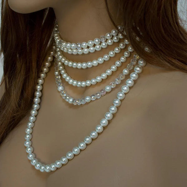 Pearl Crystal Multi Strand Bridal Statement Necklace