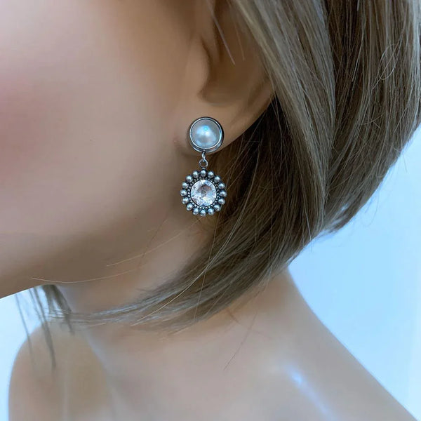 Pearl Crystal Silver Bridal Earrings