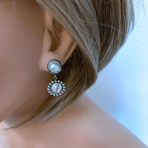 Pearl Crystal Silver Bridal Earrings