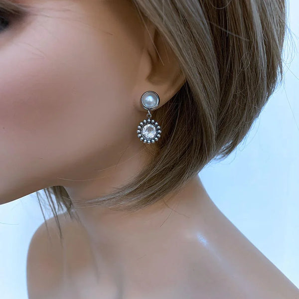 Pearl Crystal Silver Bridal Earrings