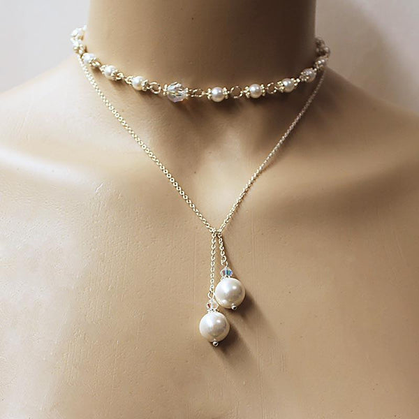 Pearl Lariat Necklace, Sterling Silver Crystal Open Necklace
