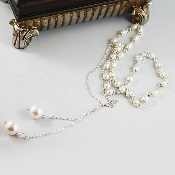 Pearl Lariat Necklace, Sterling Silver Crystal Open Necklace