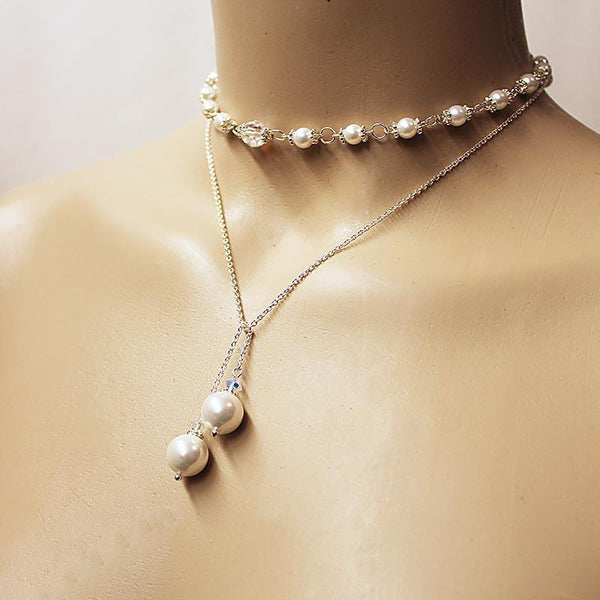 Pearl Lariat Necklace, Sterling Silver Crystal Open Necklace