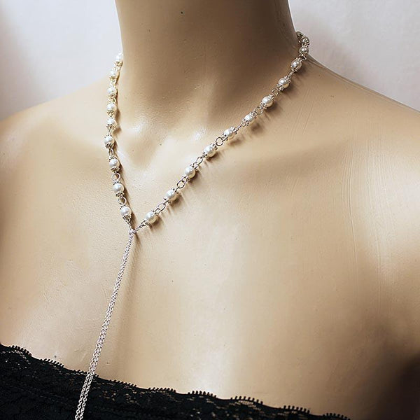 Pearl Lariat Necklace, Sterling Silver Crystal Open Necklace
