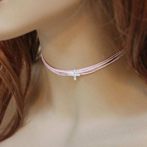 Pink Cord Tiny Cross Choker