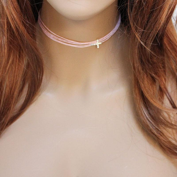 Pink Cord Tiny Cross Choker