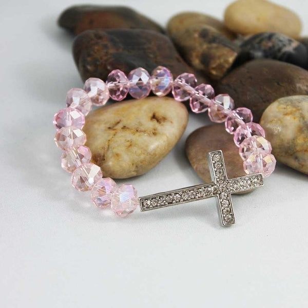 Pink Crystal Beaded Rhinestone Cross Bracelet