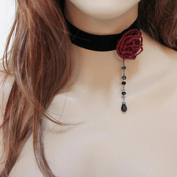 Red Rose Black Velvet Victorian Choker