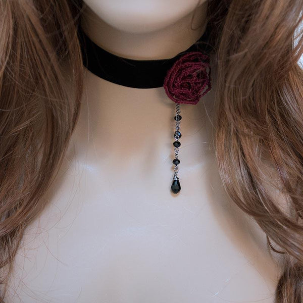 Red Rose Black Velvet Victorian Choker