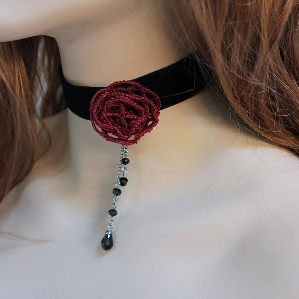 Red Rose Black Velvet Victorian Choker