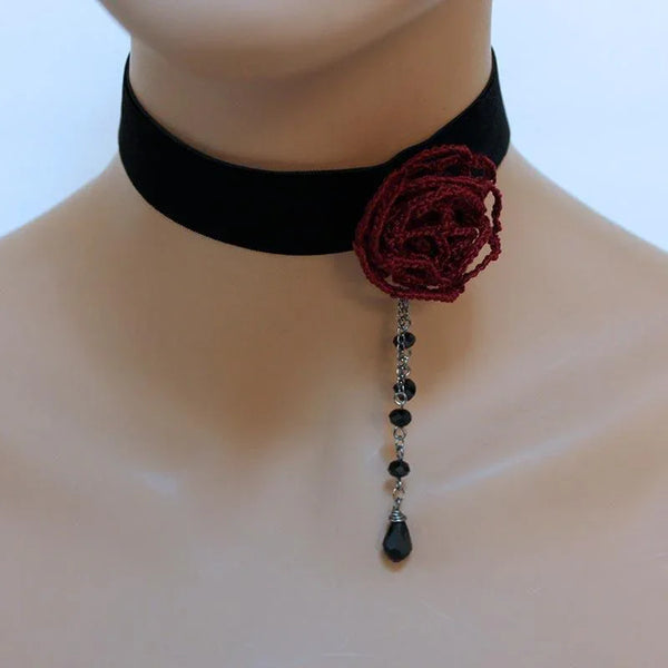 Red Rose Black Velvet Victorian Choker