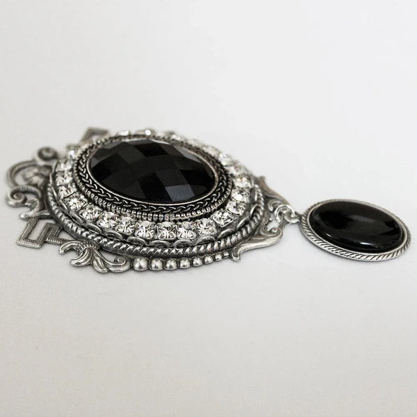 Silver Black Crystal Victorian Cameo Brooch