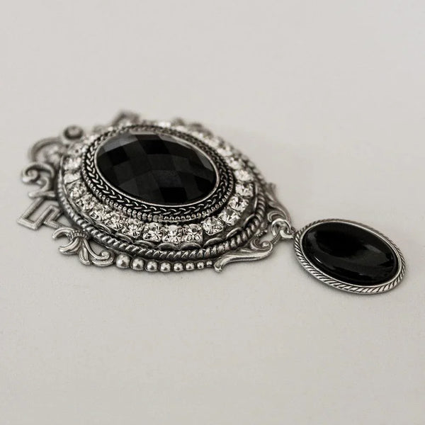 Silver Black Crystal Victorian Cameo Brooch