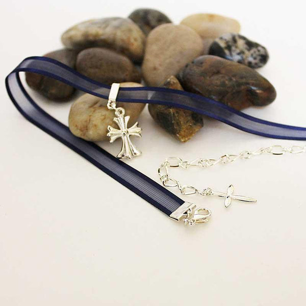 Silver Celtic Cross Blue Dainty Thin Choker Necklace