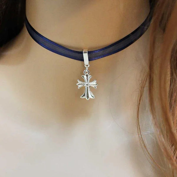 Silver Celtic Cross Blue Dainty Thin Choker Necklace