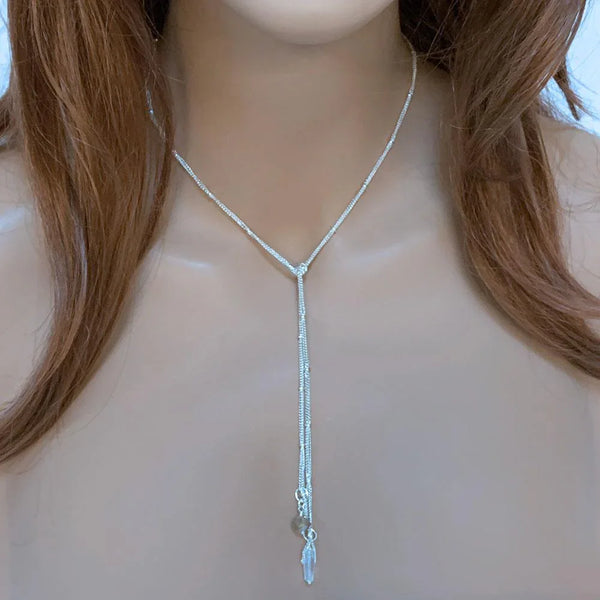 Silver Chain Lariat Necklace 26"