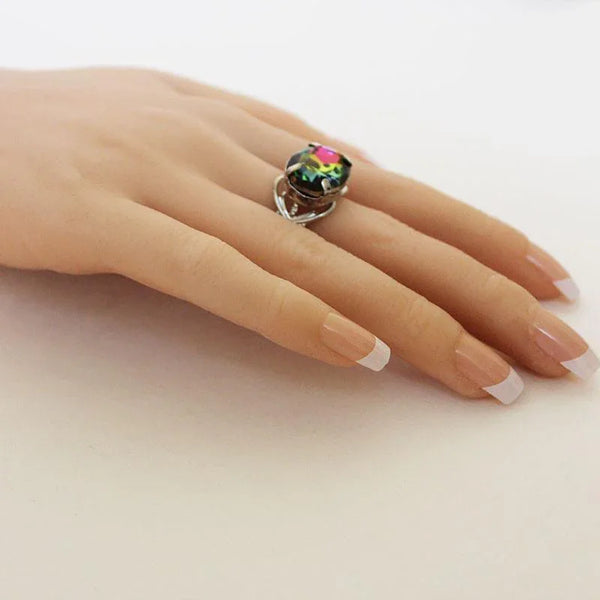 Silver Filigree Crystal Adjustable Ring