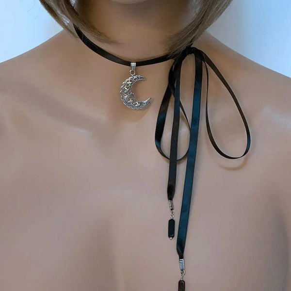 Silver Filigree Moon Ribbon Choker Necklace
