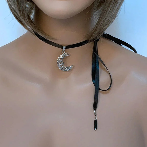 Silver Filigree Moon Ribbon Choker Necklace
