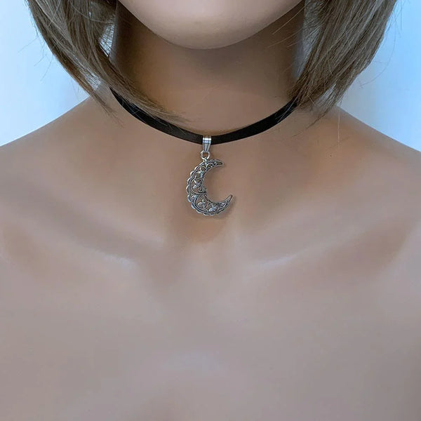 Silver Filigree Moon Ribbon Choker Necklace