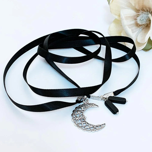 Silver Filigree Moon Ribbon Choker Necklace
