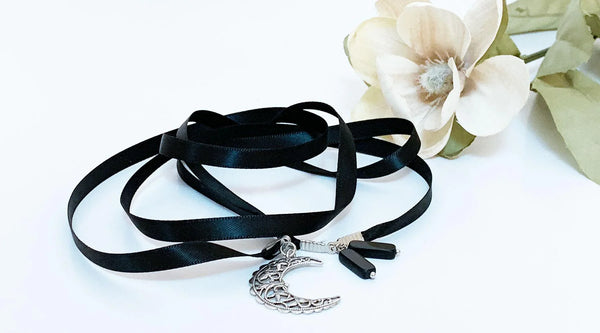 Silver Filigree Moon Ribbon Choker Necklace