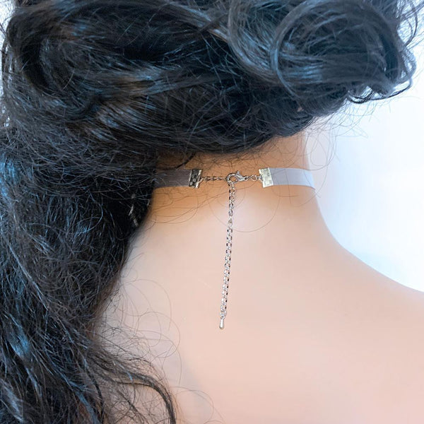 Silver Grey Ribbon Cross Pendant Gothic Choker