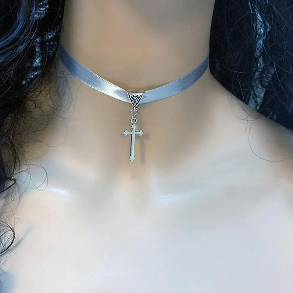 Silver Grey Ribbon Cross Pendant Gothic Choker