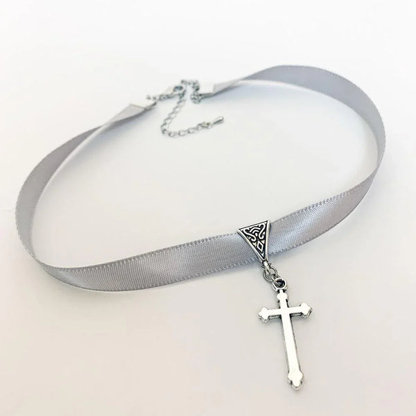 Silver Grey Ribbon Cross Pendant Gothic Choker