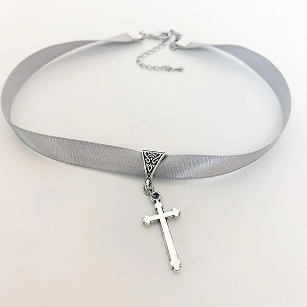 Silver Grey Ribbon Cross Pendant Gothic Choker