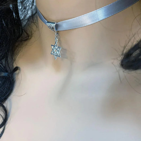 Silver Grey Ribbon Star of David Pendant Choker