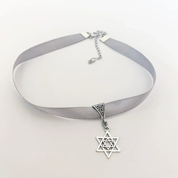 Silver Grey Ribbon Star of David Pendant Choker
