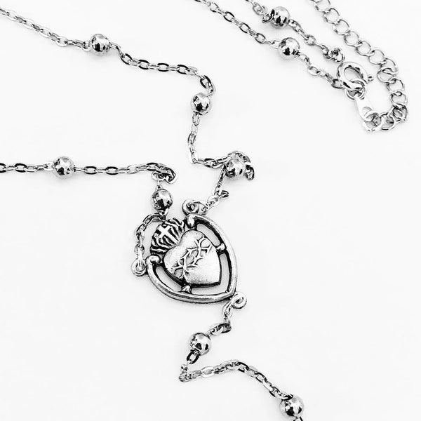 Silver Sacred Heart Chain Rosary Style Necklace