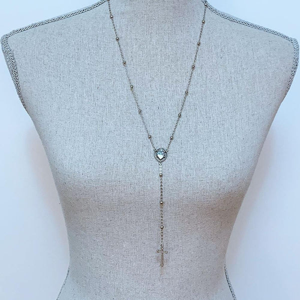 Silver Sacred Heart Chain Rosary Style Necklace