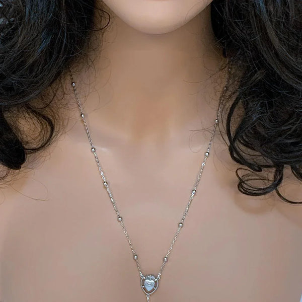 Silver Sacred Heart Chain Rosary Style Necklace