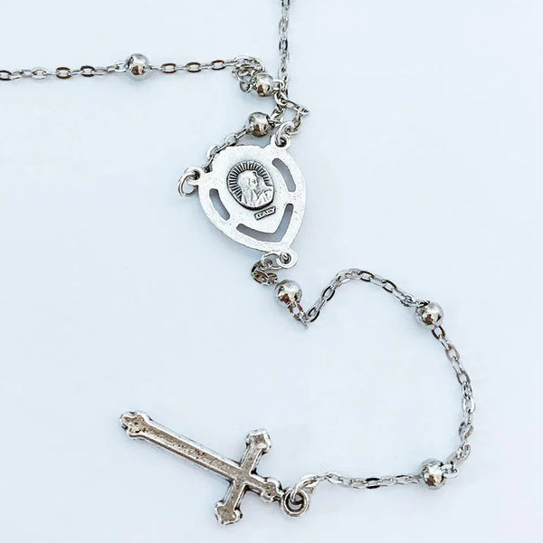 Silver Sacred Heart Chain Rosary Style Necklace