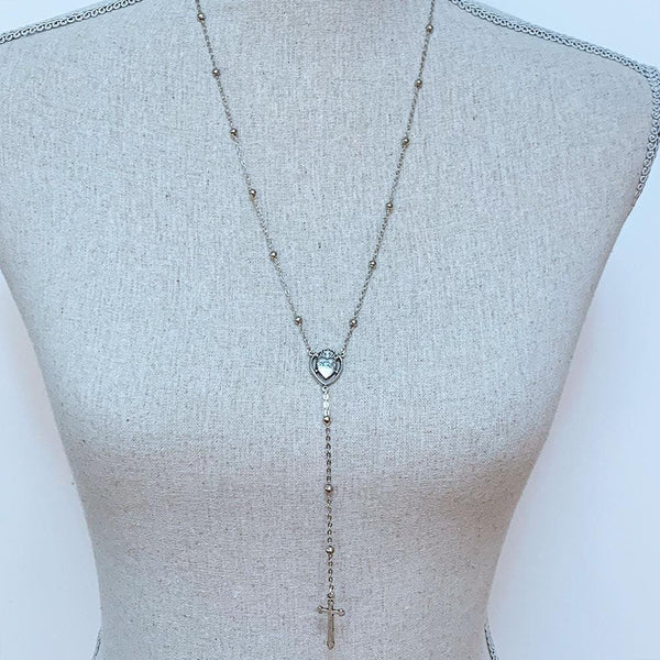 Silver Sacred Heart Chain Rosary Style Necklace