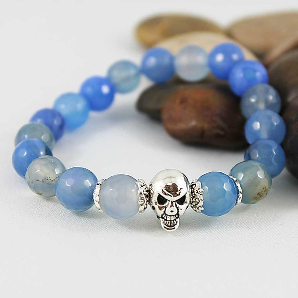 Silver Skull Blue Gemstone Stretch Bracelet