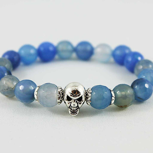 Silver Skull Blue Gemstone Stretch Bracelet
