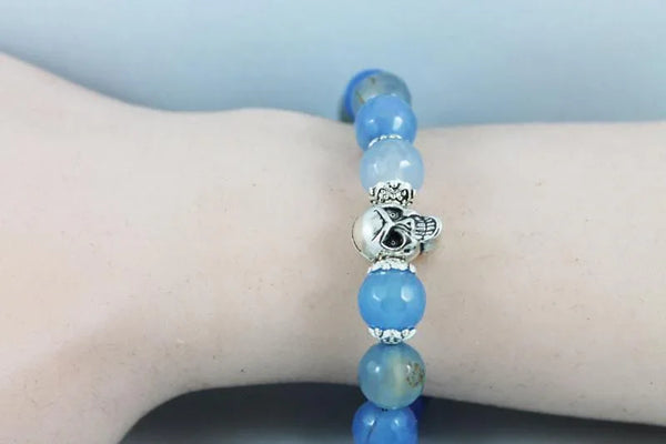 Silver Skull Blue Gemstone Stretch Bracelet