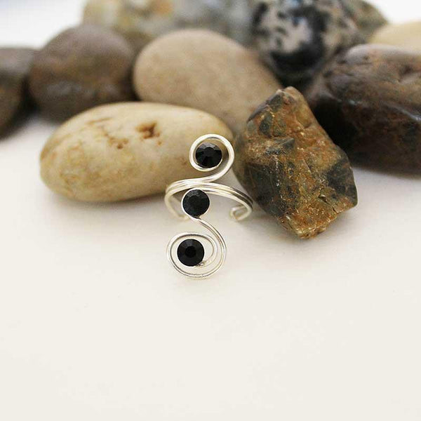 Silver Wire Wrapped Black Crystal Toe / Midi Ring