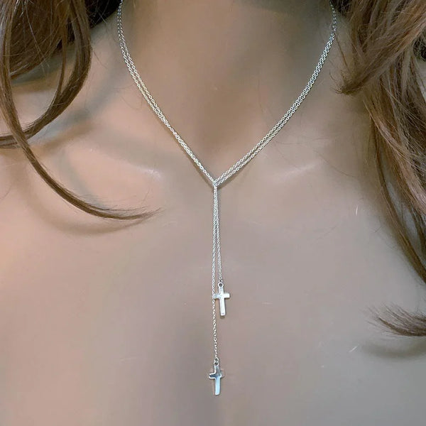 Sterling Silver Double Cross Lariat Necklace
