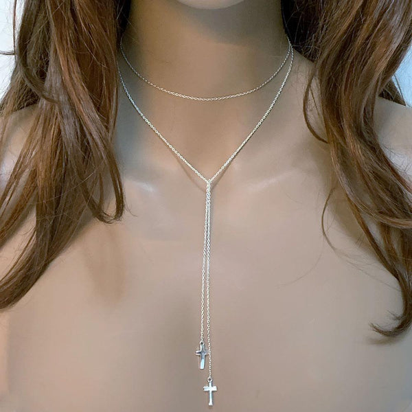 Sterling Silver Double Cross Lariat Necklace