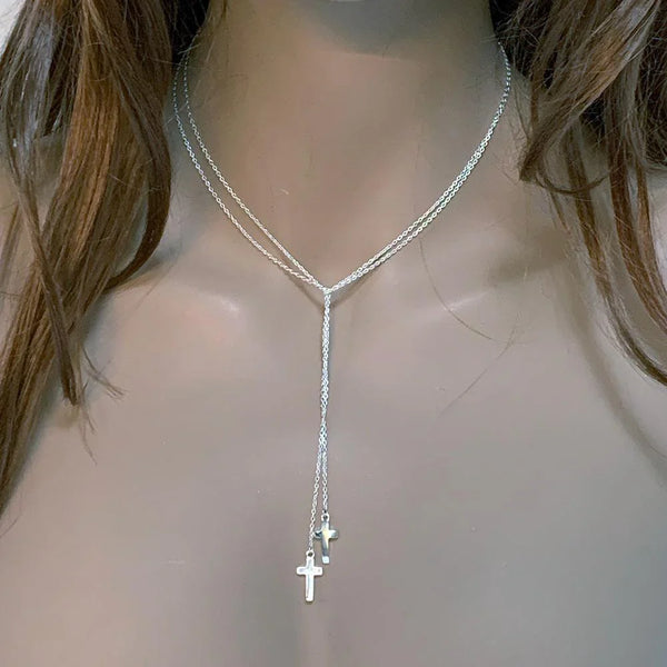 Sterling Silver Double Cross Lariat Necklace