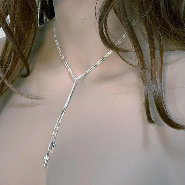 Sterling Silver Double Cross Lariat Necklace