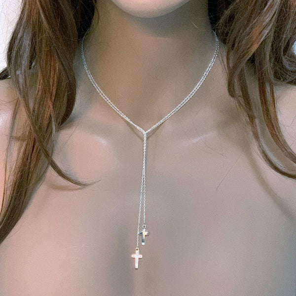 Sterling Silver Double Cross Lariat Necklace