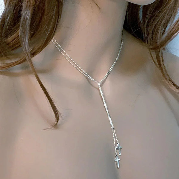 Sterling Silver Double Cross Lariat Necklace