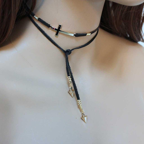 Suede Gold Sideways Cross Lariat
