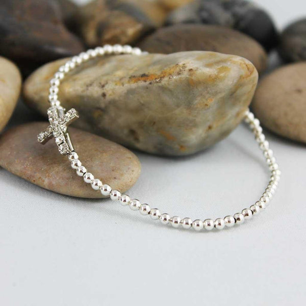 Tiny Dainty Silver Beaded Cross Bracelet